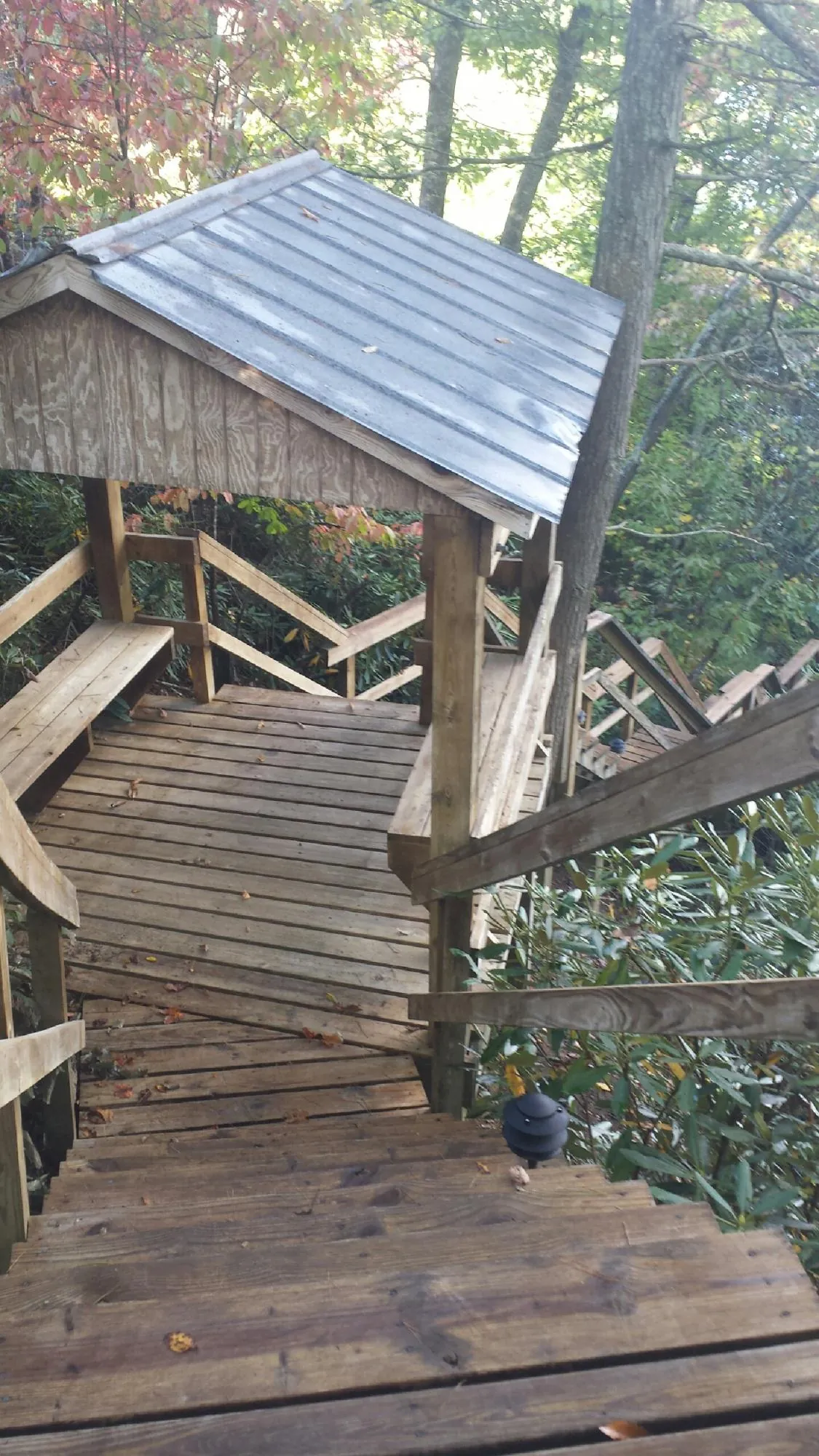 Metal roofed shelter over wooden steps on a wooded walkway — Skylight Repair & Installation work by our crew in Flagtown
